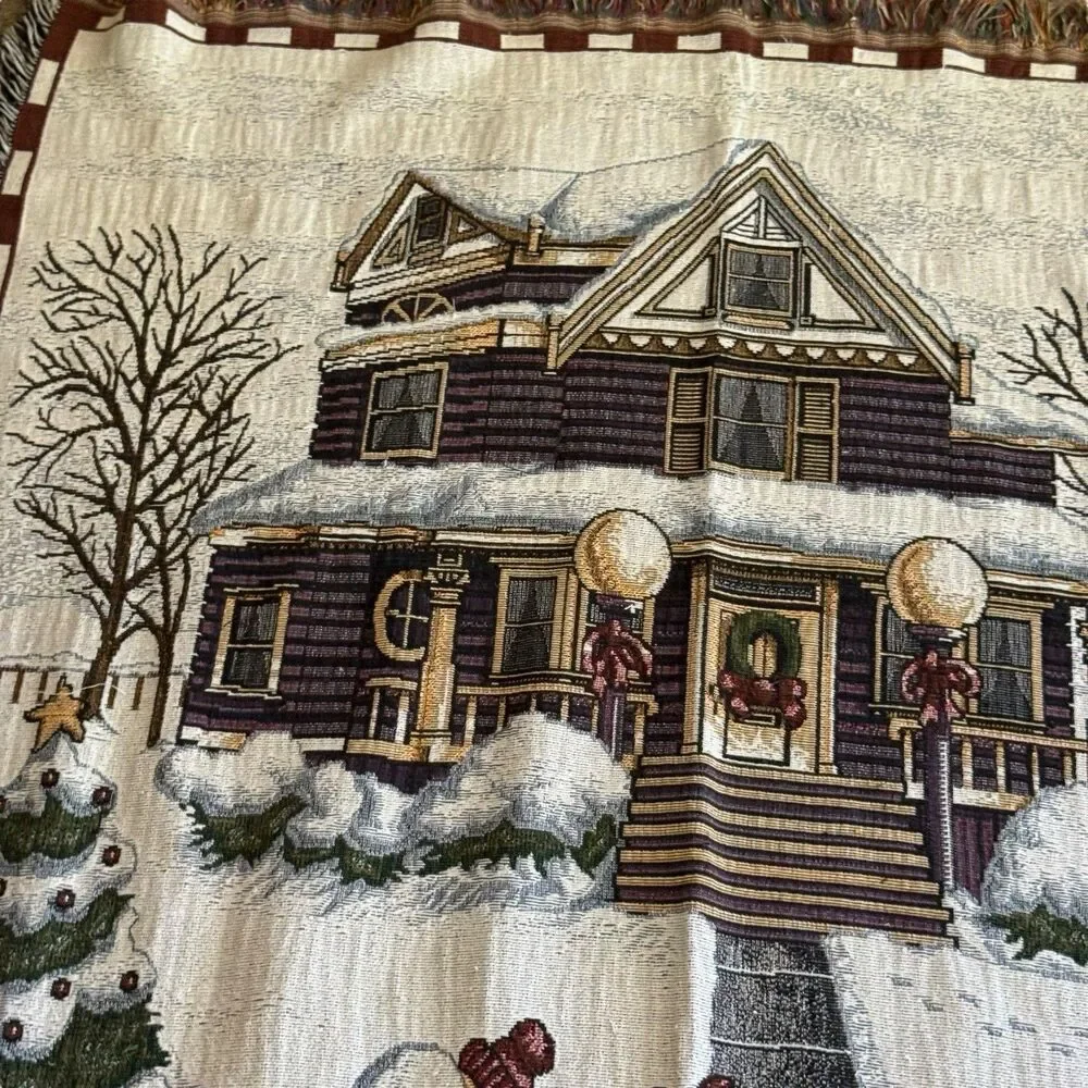 VINTAGE CHRISTMAS AFGHAN TAPESTRY‎ THROW FRINGE 48” x 60” DOG HOUSE SNOWMAN